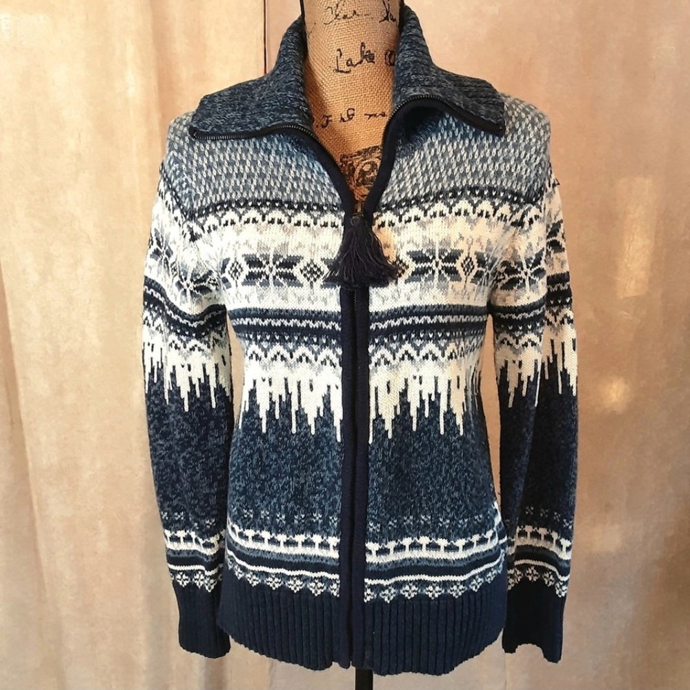 Vintage Blue & White Front Zip Sweater Cardigan Nordic Snowflake Ramie Cotton S